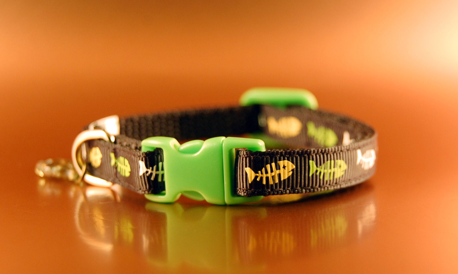 Halloween Cat Collar Fish Bone with Green Buckle and Fish Charm