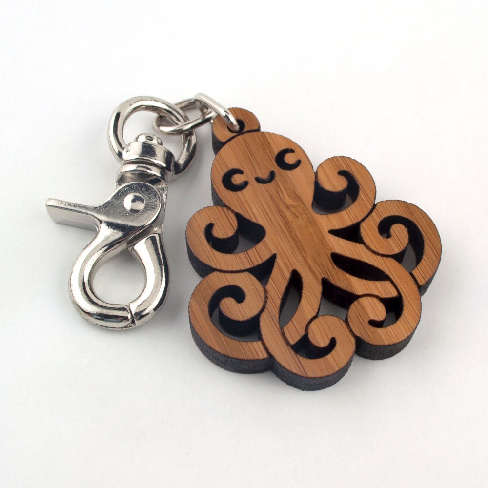 Wood Octopus Purse Charm: Bamboo Key Chain Zipper Pull