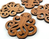 Bamboo Happy Octopus Coasters: Wood Ocean Nautical Decor  (Set of 4)