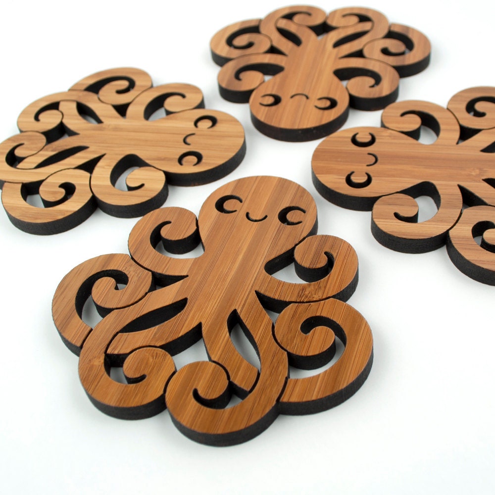 Bamboo Happy Octopus Coasters: Wood Ocean Nautical Decor  (Set of 4)