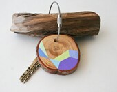 SUMMER SALE 20% OFF - wood keychain with stainless steel cable wire, tones of baby green, blue, turquoise and mint geometric triangle shapes
