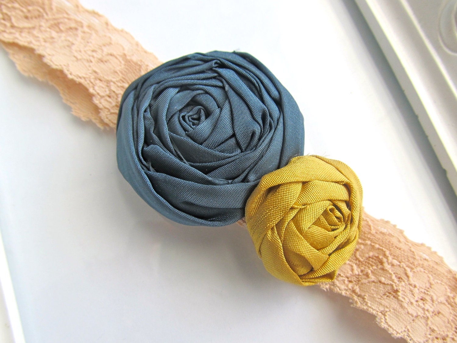 Blue and Mustard fabric flower headband