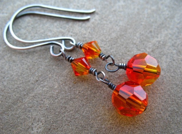 Orange Earrings Sterling Silver Jewelry Swarovski Crystal Dangle Earrings