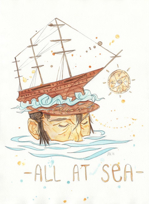 All at Sea - 8.5 x 11 in. art print of original watercolor painting - nautical sailors story book compass ships sea