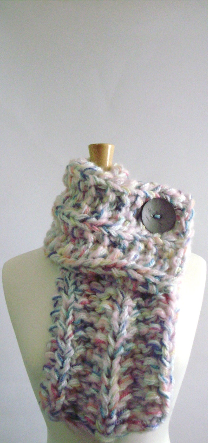 Pink, Blue, Purple and Yellow Chunky Knit Cowl Scarf with Large Grey Button - Only 1 Available