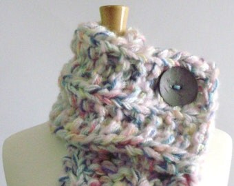 Pink, Blue, Purple and Yellow Chunky Knit Cowl Scarf with Large Grey Button - Only 1 Available