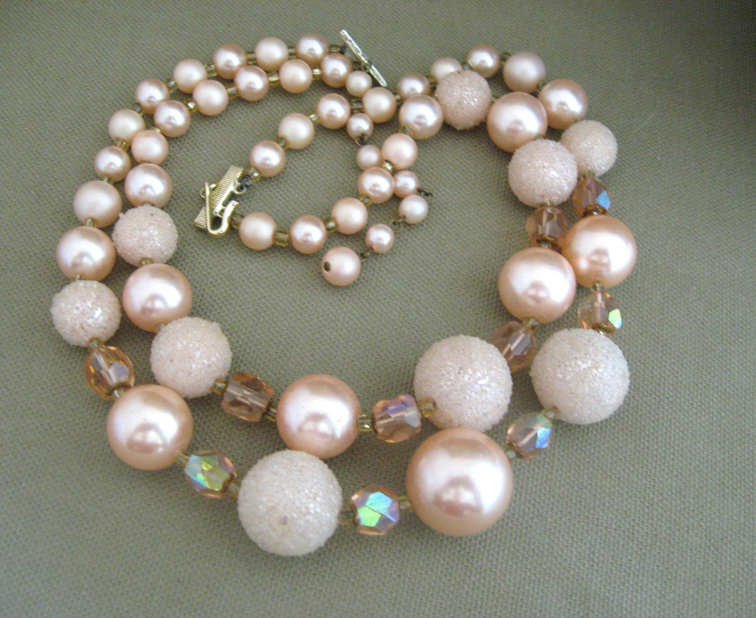 Pink Peach Sugar Multi Strand Beaded Necklace Earrings Set Sugar Coated