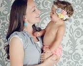 Simply Sweet couture vintage inspired fabric rosette headband in grey, pink and yellow new born to adult great photo prop