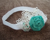 Girl's Double Flower Easter Headband - Teal, White, & Brown Rolled Ribbon Flowers w/ Lace Accent