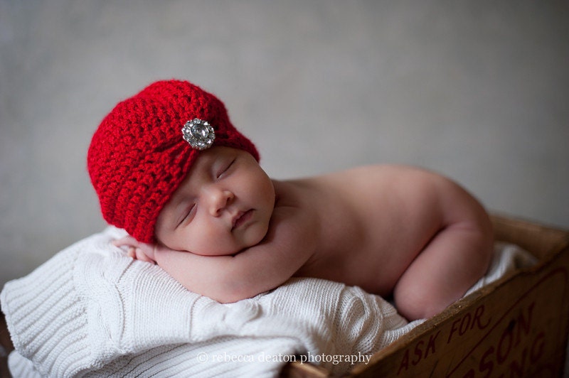 Newborn Baby Red Valentine Hat- Vintage Jewel Flapper Style Hat