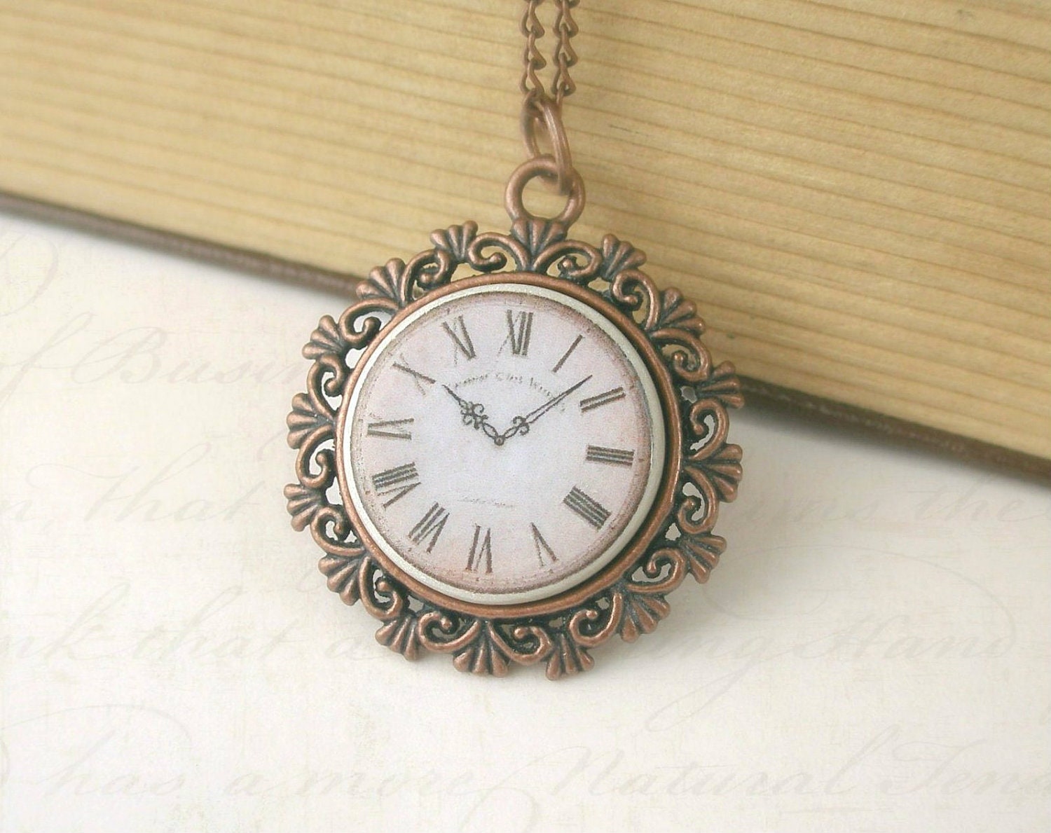 Elegant Vintage Style Clock Face Necklace,Polymer Clay, copper plated pendant setting