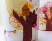 A6 notebook and removable cover - sketchbook - birdhouse in tree with bunting - stitched applique - yellows and pink