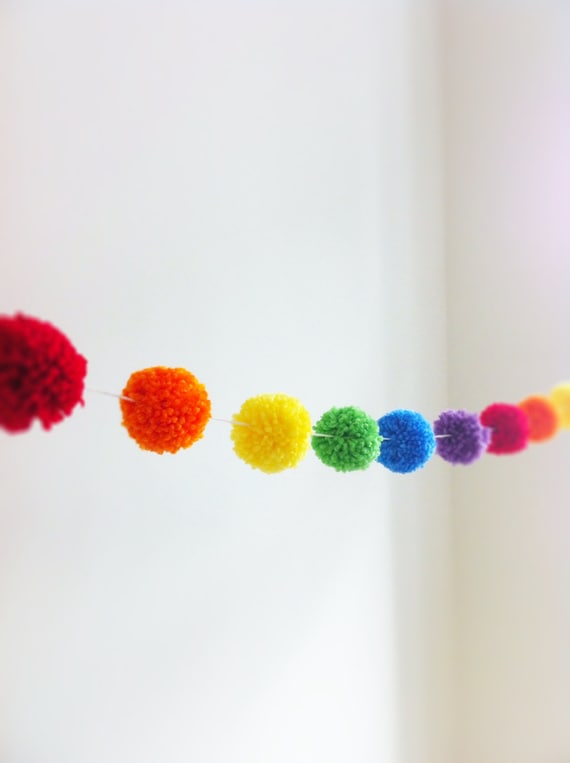 Rainbow Yarn Pom Pom Garland  - for Party Decor, Banners, Buntings and Photo Props