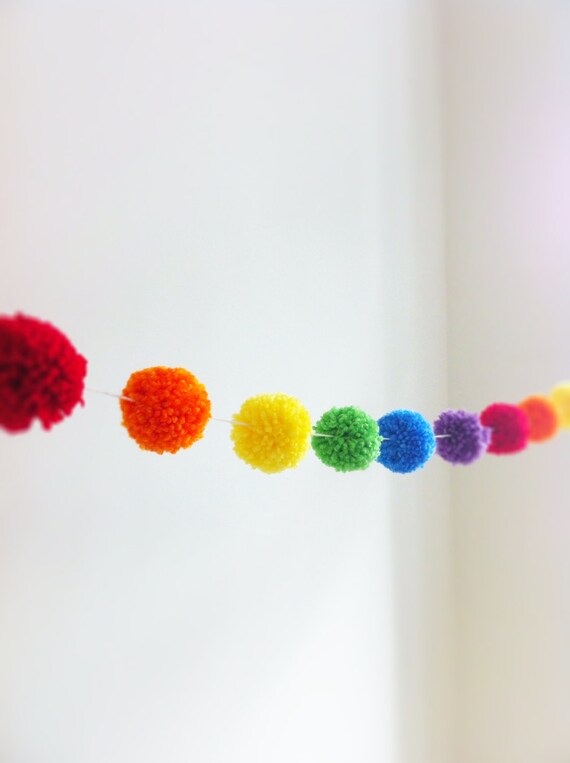 Rainbow Yarn Pom Pom Garland  - for Party Decor, Banners, Buntings and Photo Props