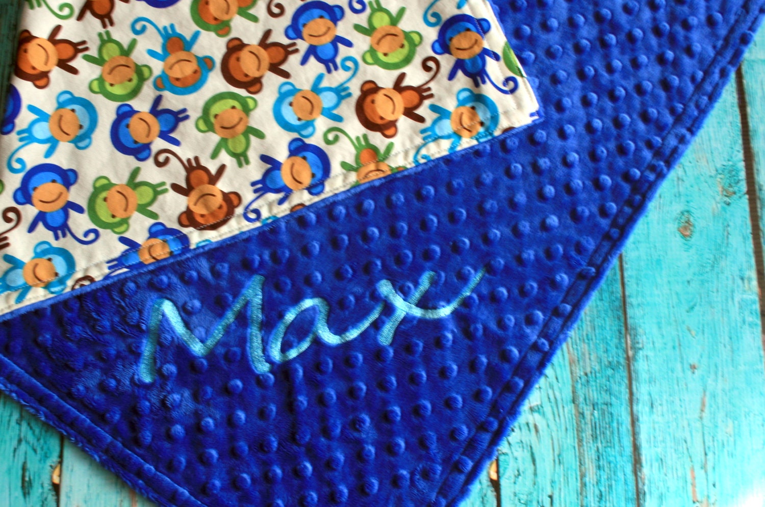 Personalized Baby Blanket  - Urban Zoologie Monkeys in Royal and Blue Minky