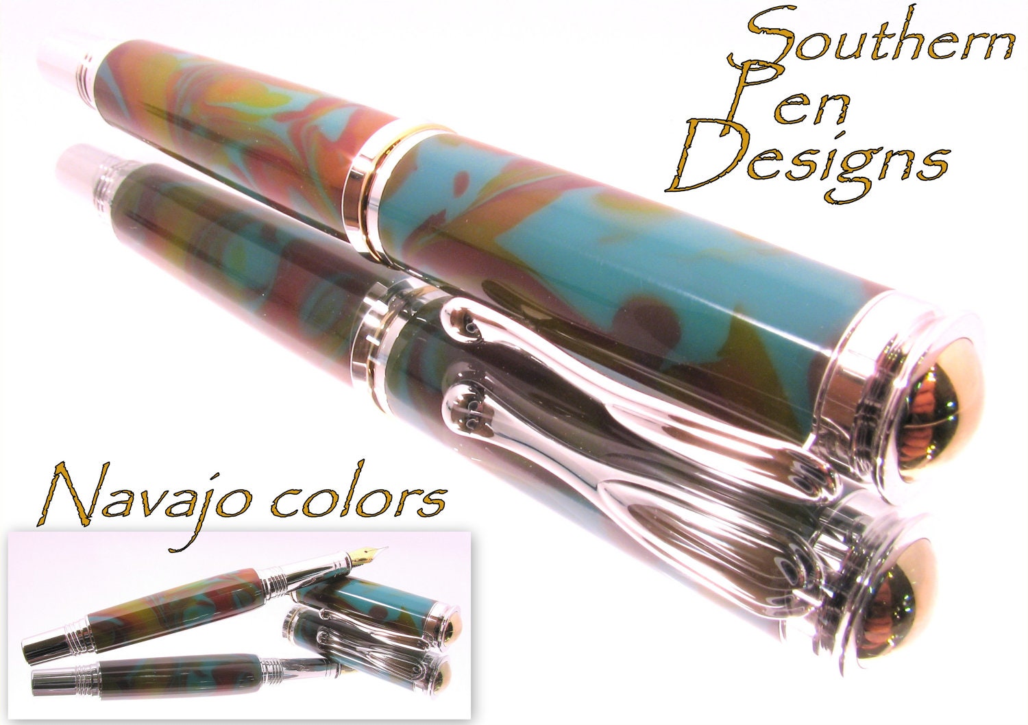 Jr retro fountain pen. Rhodium plated  in cast Navajo resin.