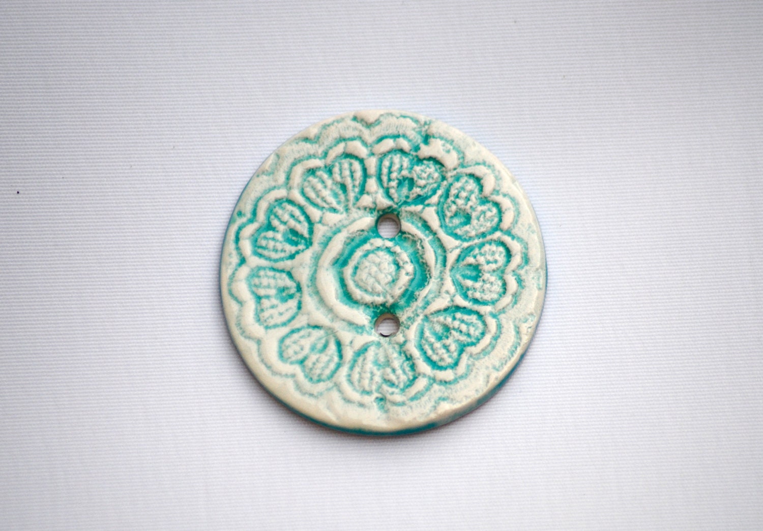 Turquoise Button vintage lace texture aqua blue handmade ceramic