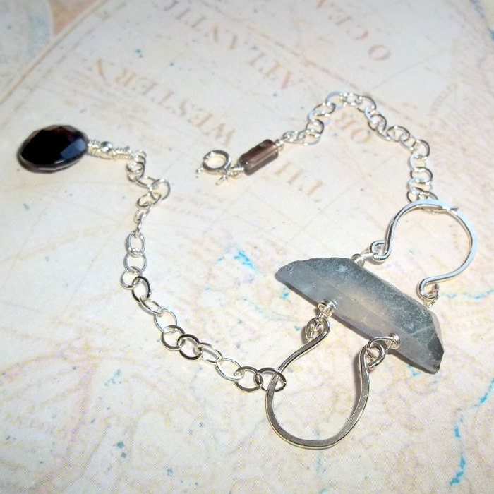 Mystic Blue Aura Quartz Smoky Quartz Gemstone Energy Bracelet Wire Wrapped Sterling Silver Adjustable