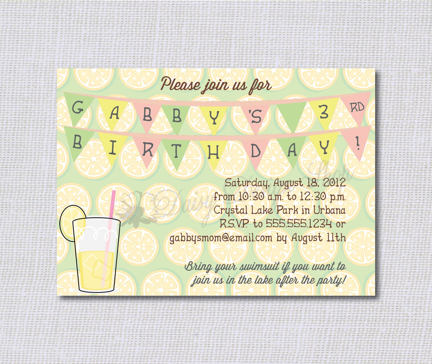 Birthday Party Invitations - Lemonade and Bunting Banner in Pink Green and Yellow - Set of 20 with Envelopes