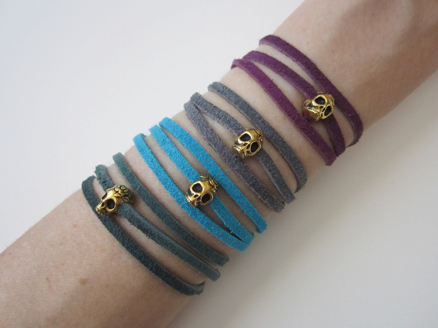 Skull Bracelet. Sugar Skull. Wrap Bracelet. Leather. Gold Skull. Suede. Boho. Urban. Choose Your Color.