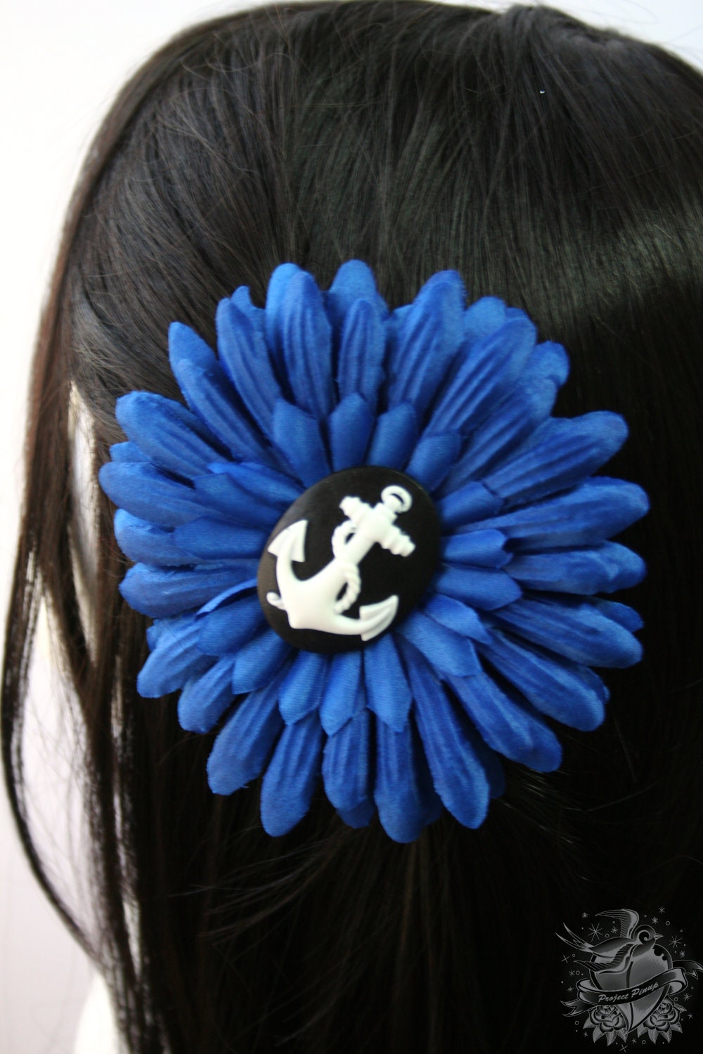 SALE Navy Blue Anchor Cameo Daisy Hair Flower Clip