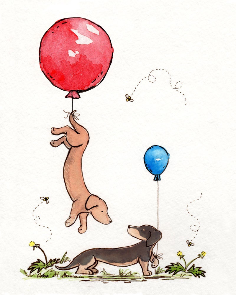 Dachshund Art- Up and Away 8X10 Archival Print- One Black and Tan and one Brown Dachshund with Balloons- Nursery Wall Art