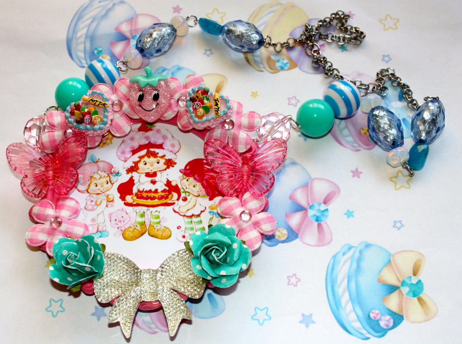Strawberry Shortcake Statement Necklace Huge Collage of cuteness glitter bow rosebuds So berry Sweet