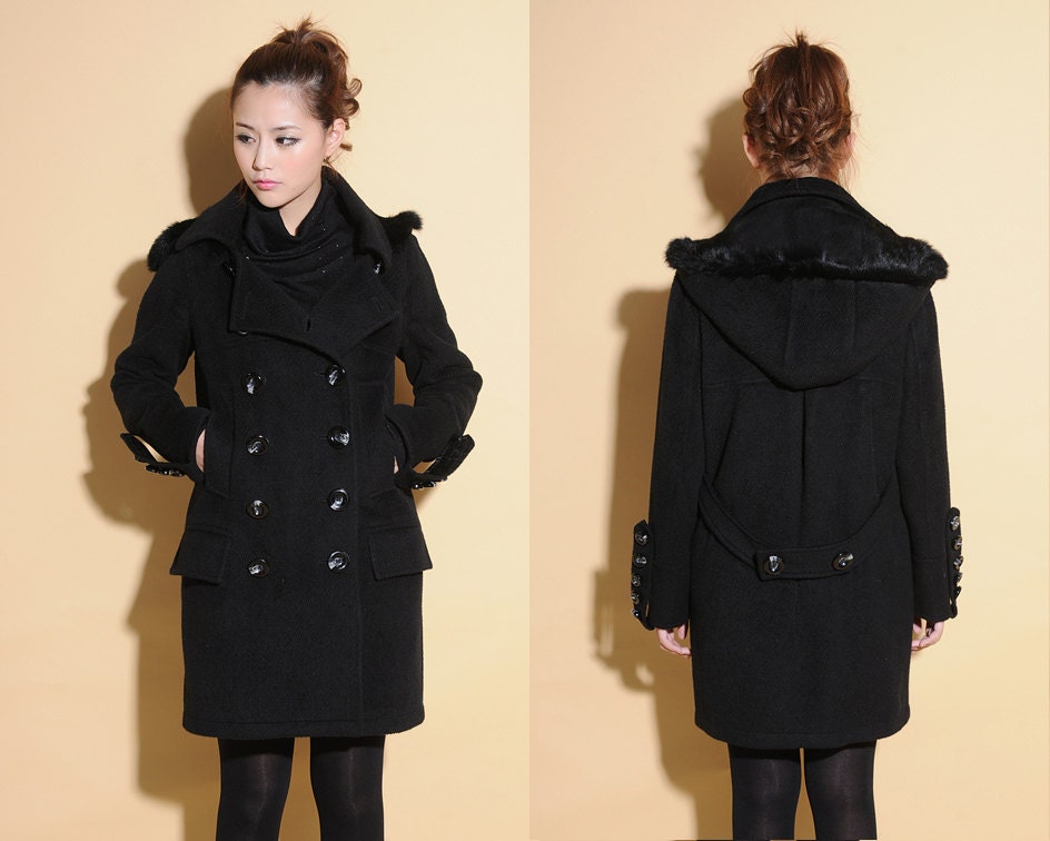 Inner Warmth Flattering Wool Coat with Around Removable  Fur Hood/ Cocoon  Winter Coat Dress / 14 Colors