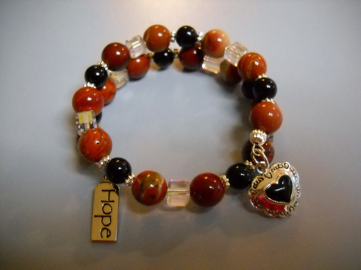 Red JASPER and Black ONYX Beaded Memory Wire Bracelet