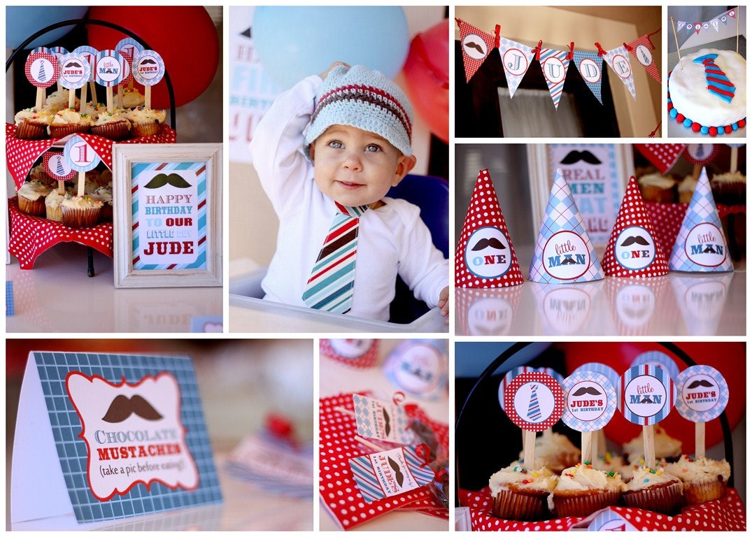 LITTLE MAN Mustache Bash PARTY pack with Invitation Cupcake toppers, Buffet cards, Banner Favor tags, Signs and party hats Printable