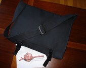 Large Messenger in Plain Black Fabric with Bright Red Lining and Matching Adjustable Strap and Extra Pockets