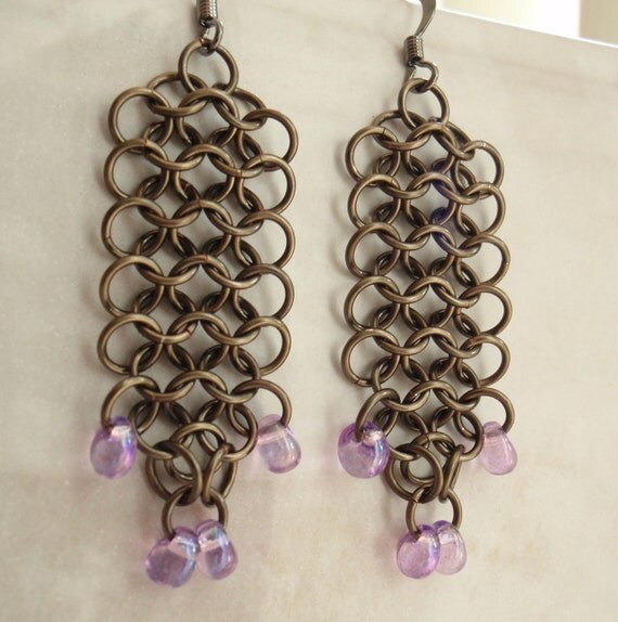 Chain Maille Earrings Euro 4 in 1 Dangle Gunmetal Purple Beads