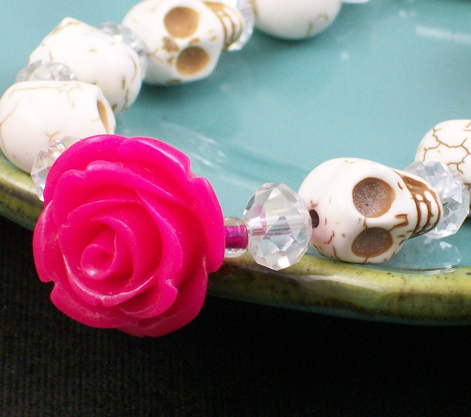 Day of the Dead Hot Pink Rose and White Sugar Skull Bracelet