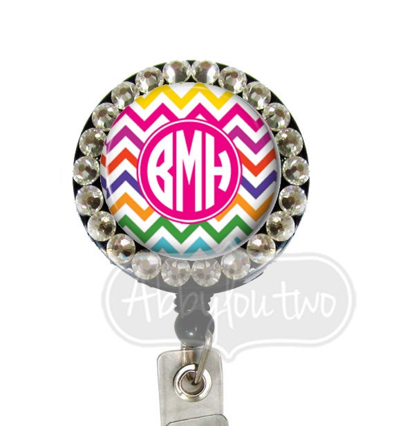 Badge Reel Holder Retractable ID  Name Badge Personalized with Your  Name  Bling Rhinestones Chevron