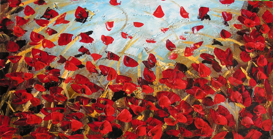ORIGINAL Oil Painting Scarlet Poppy Field 45 x 23 Palette Knife Colorful Textured Abstract Flowers Red Field Blue Sky  ART by Marchella