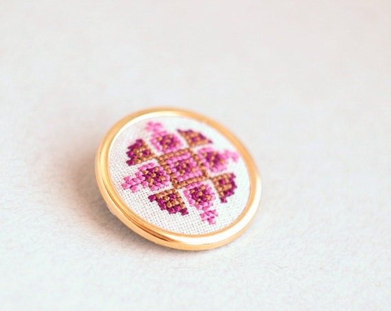 Ethnic hand embroidered brooch - pink and purple