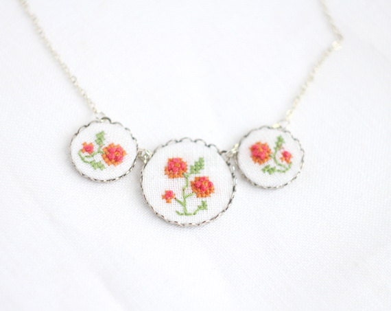 Embroidered floral necklace with silver toned findings