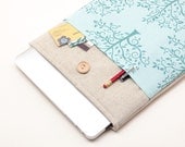 13 inch Macbook AIR case. Linen macbook case with green trees pocket and button closure. Macbook case padded. Custom orders available.
