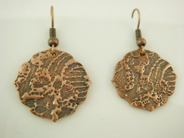 Copper Lace Print Earrings - Copper Metal Clay