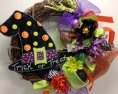 Halloween wreath mesh ribbon painted polka dot whimsical witch witch's witches hat black lime green purple orange door decor