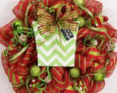 Christmas wreath chevron stripe present gift box deco mesh whimsical Holiday red lime green door decor decoration hanging
