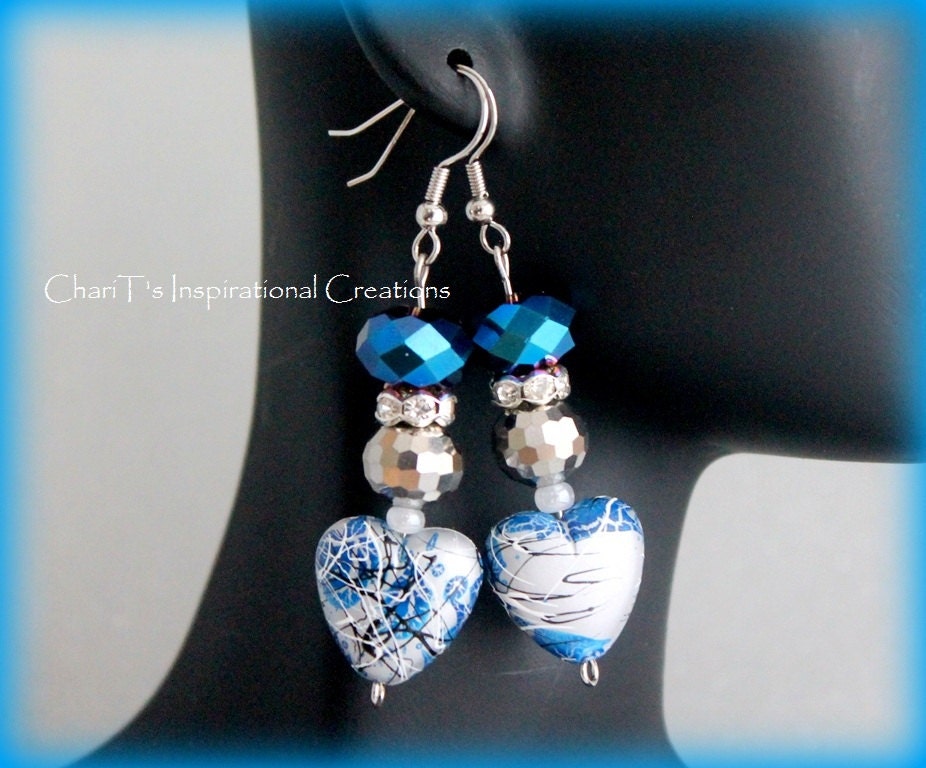 Blue Black and Silver Handmade Heart Earrings