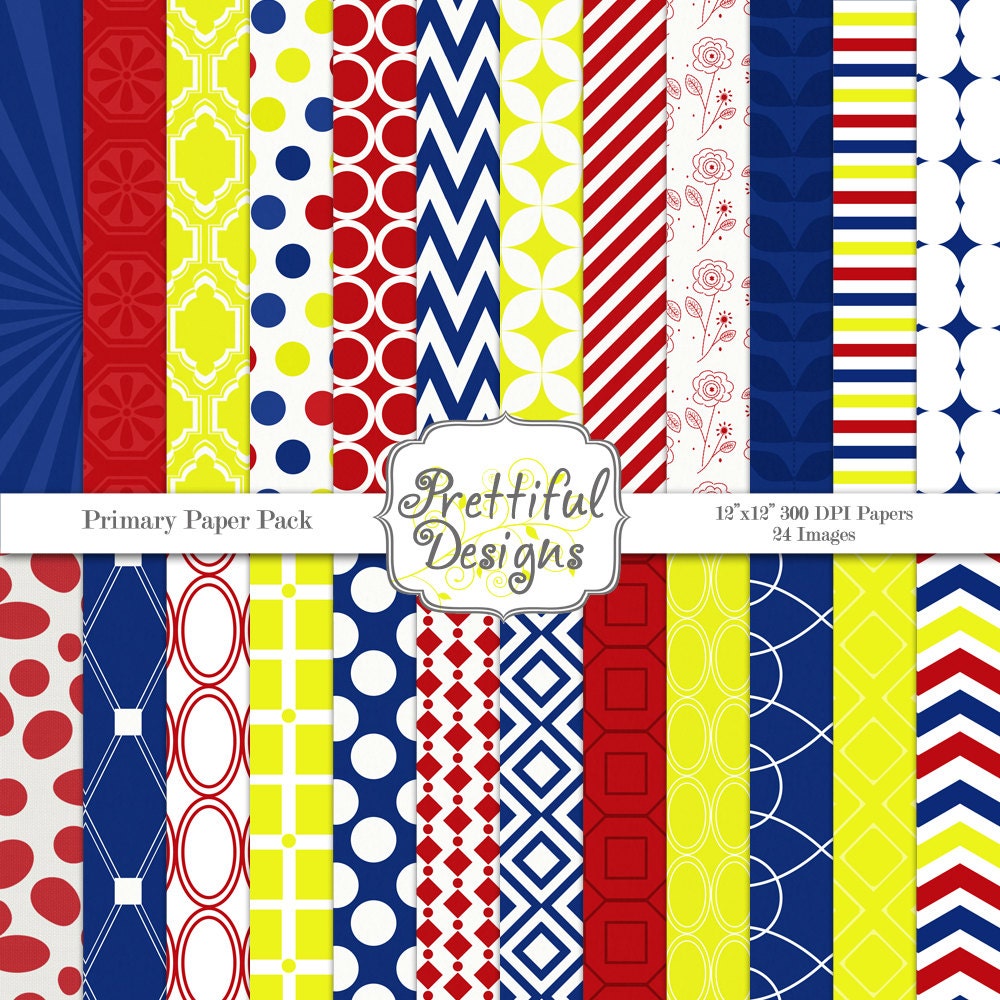 50% Off Sale Digital Paper Pack in Blue, Red, and Yellow primary colors - Primary (450) Il_570xn