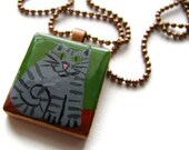 Grey Tabby Painted Scrabble Tile Necklace Hand Painted - Fat Cat - heversonart