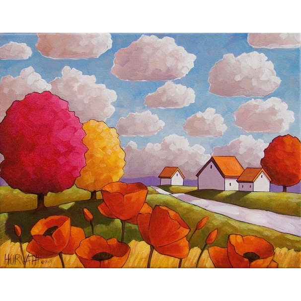 PAINTING ORIGINAL Folk Art Red Poppies Road Trees Cottages Clouds Modern Landscape Colorful Contemporary Fine Artwork by Horvath 14x18