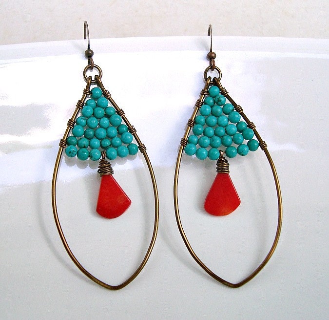 Turquoise Red Coral Earrings, Brass Coated Copper Oval Hoops