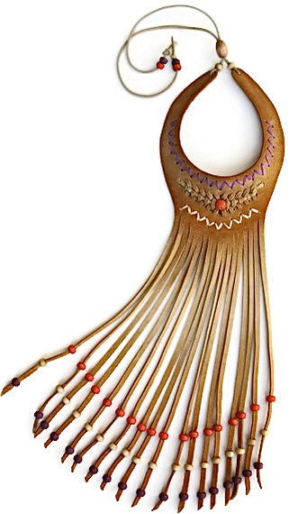 Beige Suede Choker Fringe Wood Bead work in Orange, Purple and Cream Wooden beads with Woven Detail