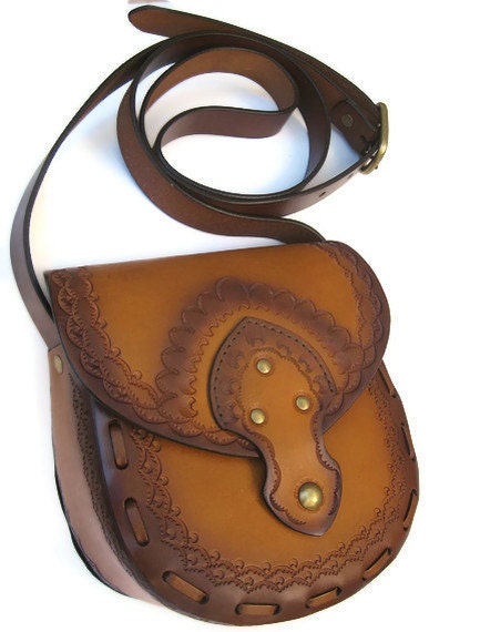 SALE Tooled Boho Leather Vegetable Tan Cross Body Bag with Adjustable Strap Vintage Style Paisley Haze