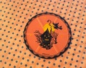Vintage 1940 era Halloween Cardboard drink coaster doily- witch flying over house with moon-orange black