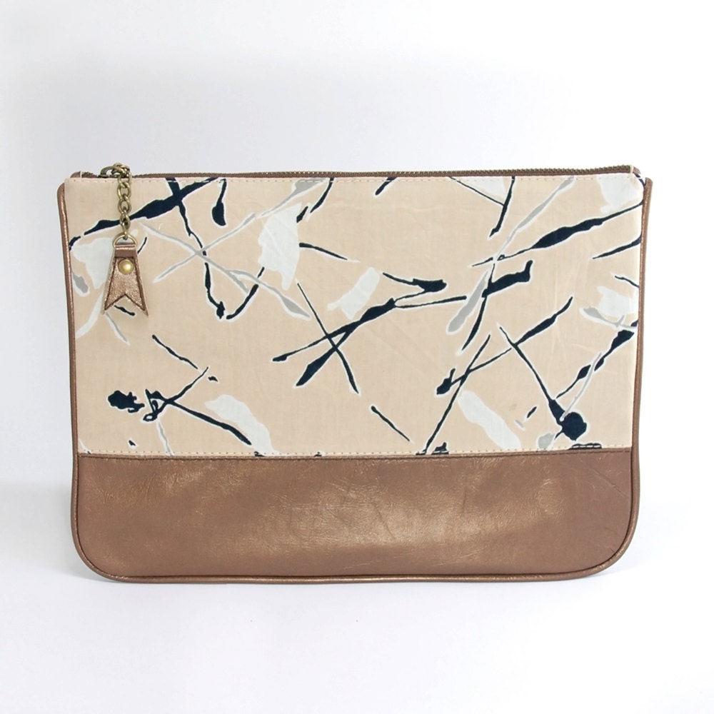ON SALE OOAK//Emily - Beige Black Splatter Print Vintage Fabric / Metallic Bronze Genuine Leather Combo - Zipper Clutch